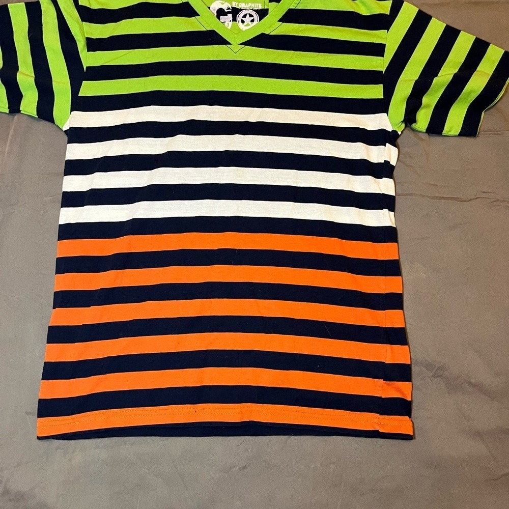 GO by Graphite Boys Large 14/16 V-Neck Striped T-Shirt Green Orange Navy White - Picture 2 of 6